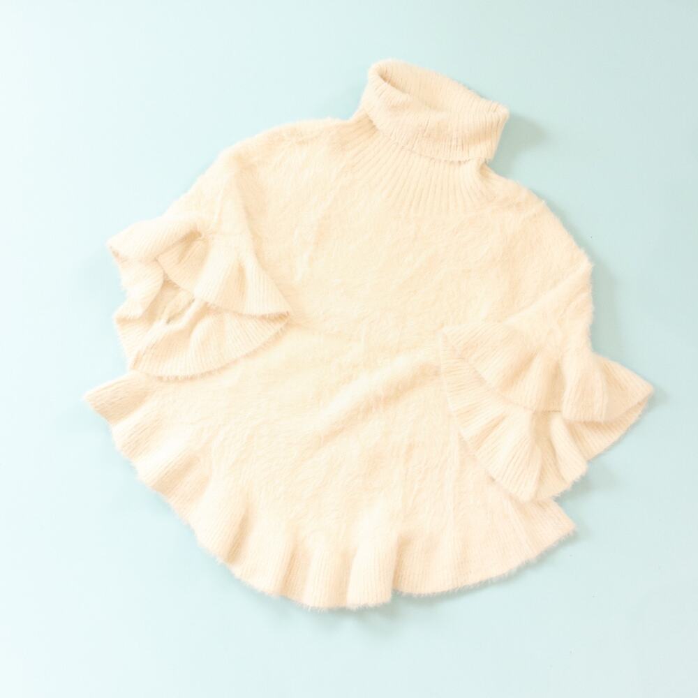 Anthropologie Akemi Kin Turtleneck Soft Knit Ruffle Hem Poncho Sweater One Size